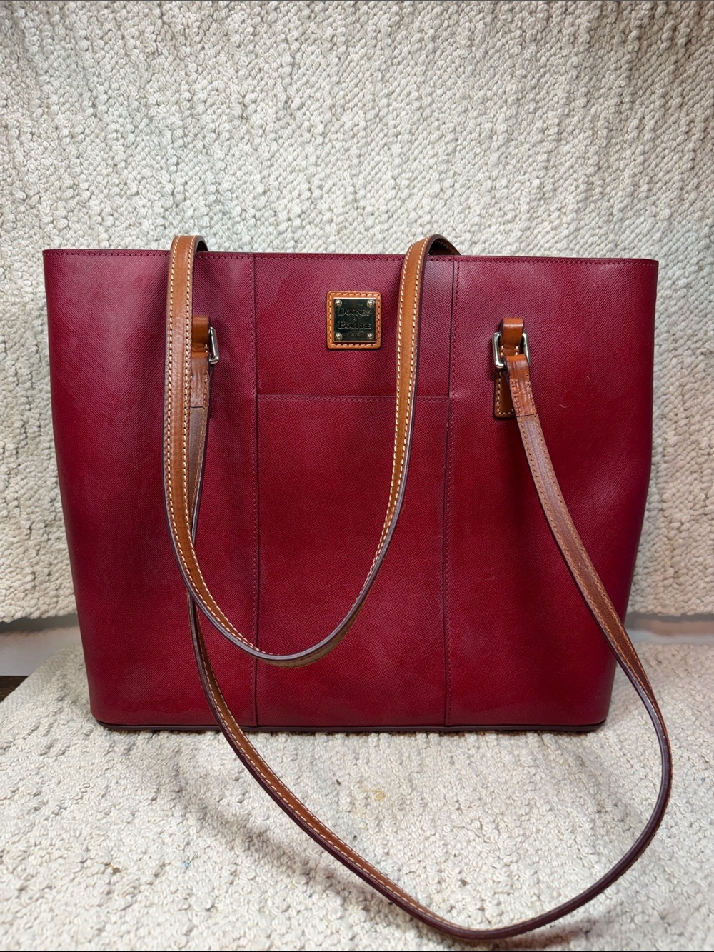 Dooney & Bourke Classic Wine Leather Tote with Tan Straps